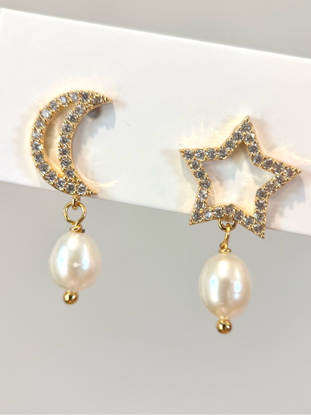 Star & Moon Real Freshwater Pearl Drop Earrings